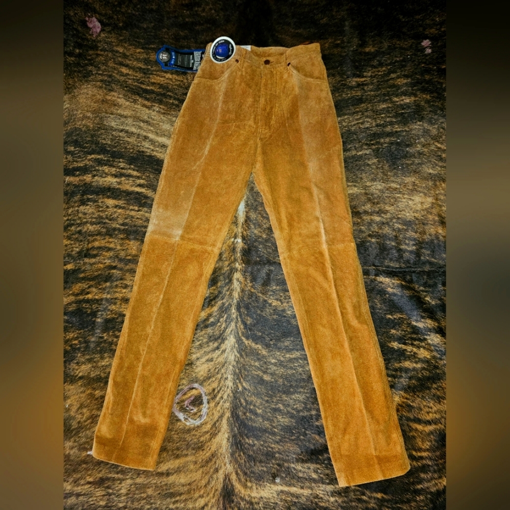 VIntage Wrangler Cowboy Cut Leather Pants size 9 34L 26 waist Tan NWT